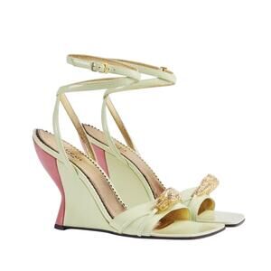 Gucci 37/ US 7 Two-Toned Dora Embellished Crystal Wedge Green Sandals NIB $1,250